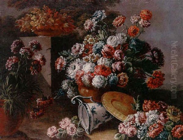 Chrysanthemums And Daffodils In An Earthenware Urn, Together With A Blue And White Jug, A Gilt Dish And Other Flowers In A Landscape Oil Painting by Gasparo Lopez