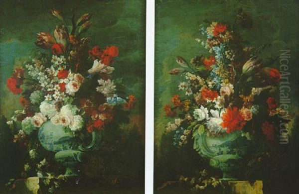 Nature More De Fleurs Dans Un Vase En Faience Sur Un Entablement De Pierre Oil Painting by Gasparo Lopez