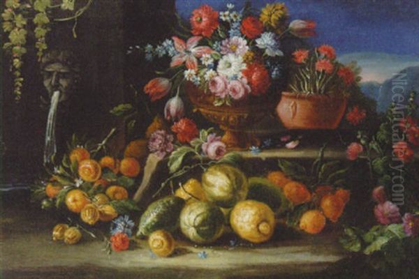 Peonies, Narcissi, Tulips And Other Flowers In A Gilt Bowl With Melons, Oranges And Lemons On A Ledge By A Fountain Oil Painting by Gasparo Lopez