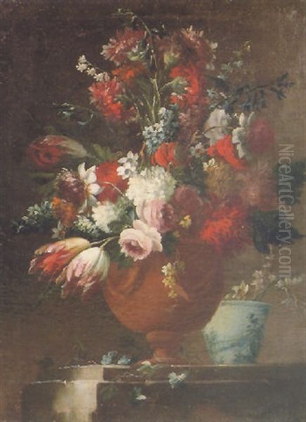 Still Life Of An Urn Of Flowers By A Chinese Blue And White Wine Cup On A Stone Ledge Oil Painting by Gasparo Lopez