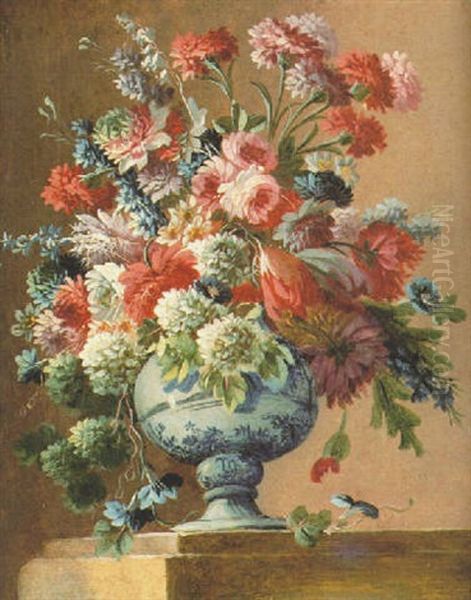 Mixed Flowers In A Blue And White Baluster Vase Oil Painting by Gasparo Lopez