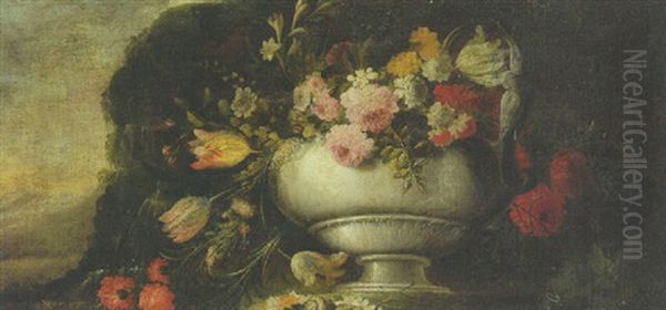 Flowers In An Urn In A Landscape Oil Painting by Gasparo Lopez