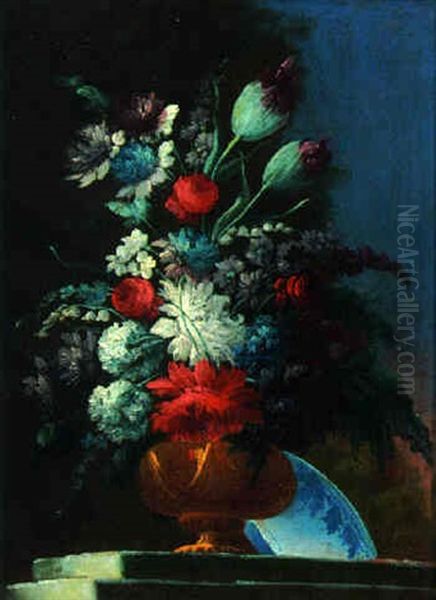 Carnations, Peonies, Tulips And Other Flowers In An Urn On A Ledge With A Blue And White Bowl Oil Painting by Gasparo Lopez