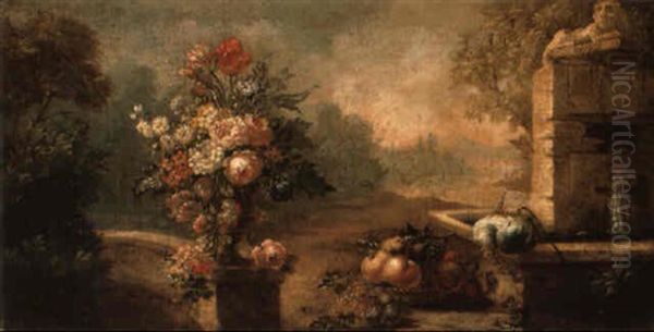 Flowers In An Urn On A Wall With A Basket Of Fruit By A Fountain Oil Painting by Gasparo Lopez