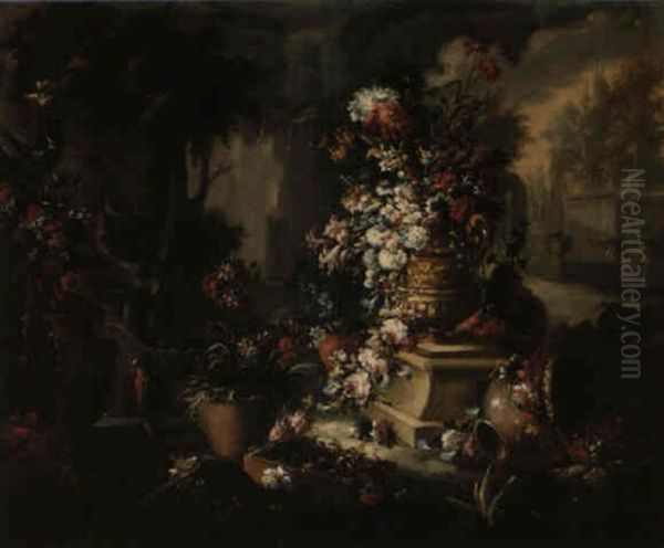 Still Life Of Flowers Ina Gilt Urn With Other Flowers In The Garden Of A Villa Oil Painting by Gasparo Lopez