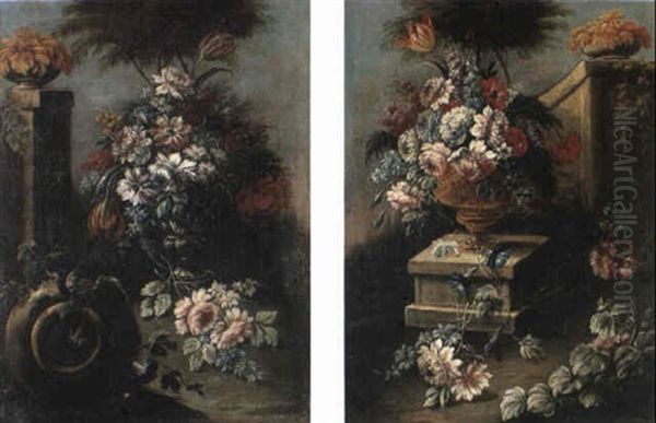 Flowers In A Sculpted Urn In Gardens Oil Painting by Gasparo Lopez