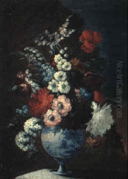 Still Life With Hyacinths And Other Flowers In A Vase On A Ledge Oil Painting by Gasparo Lopez