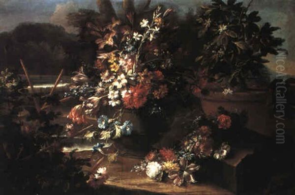 Still Life With Flowers In A Vase In A Garden Oil Painting by Gasparo Lopez