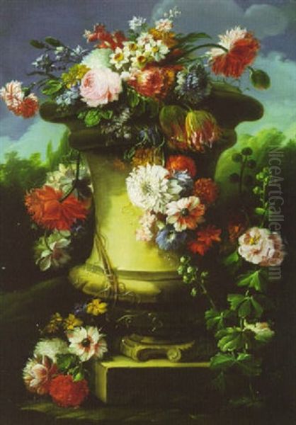 Still Life With Flowers In A Stone Urn On A Stone Pedestal  In A Landscape Oil Painting by Gasparo Lopez