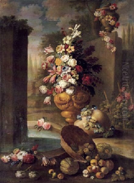 Still Life Of Flowers In An Urn With Fruit In A Garden      Setting Oil Painting by Gasparo Lopez