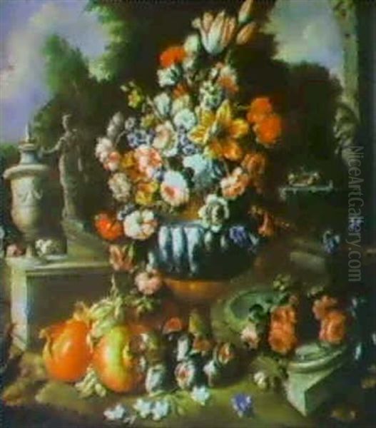 Still Life With A Vase Of Flowers, Pomegranates And Figs In A Landscape With Clasical Statuary Oil Painting by Gasparo Lopez