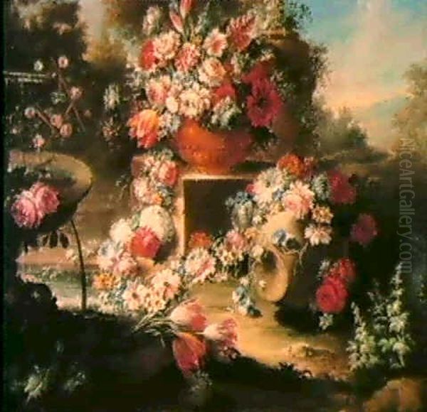 Nature Mortes De Vases Et De Guirlandes De Fleurs Pres De   Fontaines Dans Un Paysage Boise (55x70; 55.5x70.5 Cm) (2) Oil Painting by Gasparo Lopez