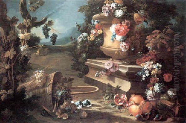 Flowers In A Stone Urn On A Pedestal, And Grapes, Figs,     Pomegranates, Plums And A Mel-on In An Overturned Basket In Oil Painting by Gasparo Lopez