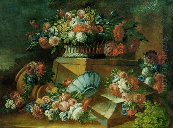 Flowers In A Basket On A Stone Ledge With Cut Flowers, An   Overturned Terracotta Urn And A Blue And White Porcelain Oil Painting by Gasparo Lopez