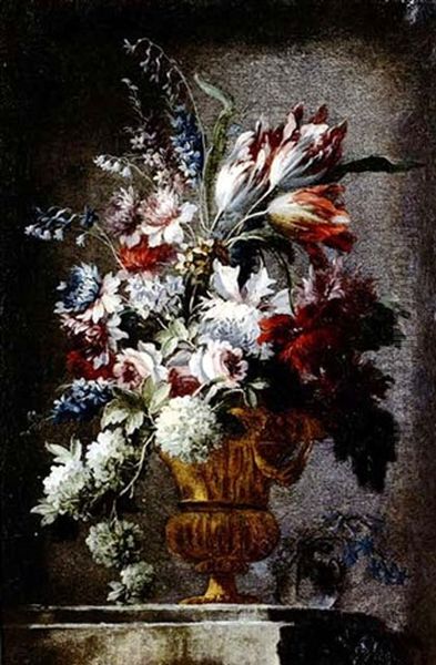 Still Lifes Of Flowers In Urns Resting On Stone Ledges:     A Pair Of Paintings Oil Painting by Gasparo Lopez