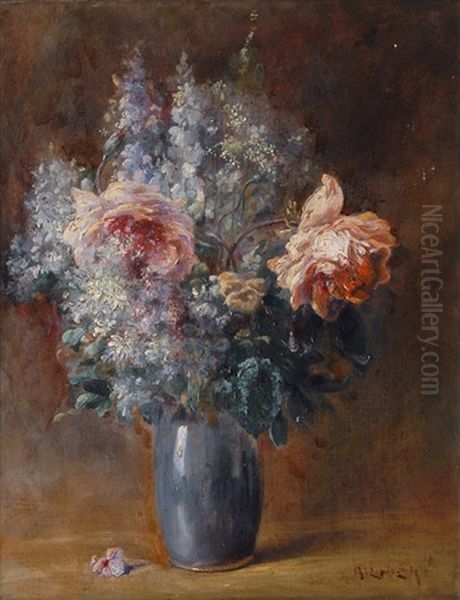 Flower Still Life In A Blue Vase Oil Painting by Antonio Georges Lopisgich