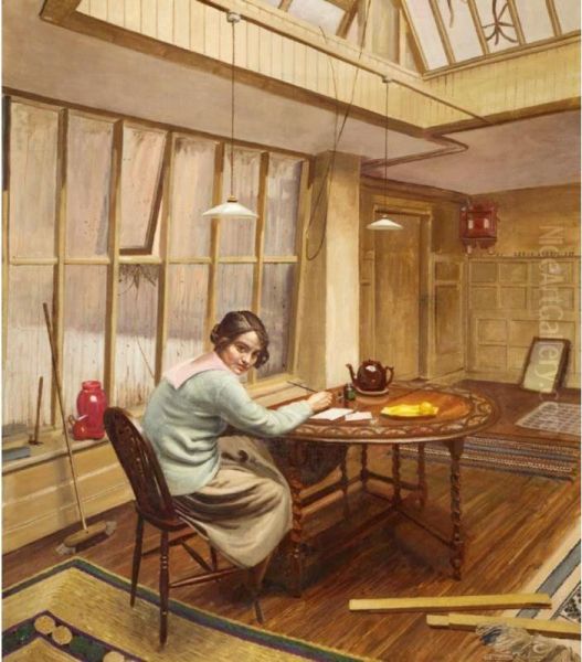 The Artist's Wife In The Charlotte Street Studio Oil Painting by John Miles Bourne Benson