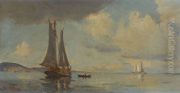 Sailboats And A Skiff On Still Waters Off A Hilly Coast With Cloudy Sky Oil Painting by John P. Benson