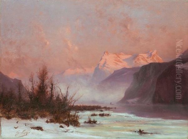 Paysage En Hiver Au Bord Du Lac Avec Montagnes (winter Landscape At The Lake With Mountains) Oil Painting by Gabriel Loppe