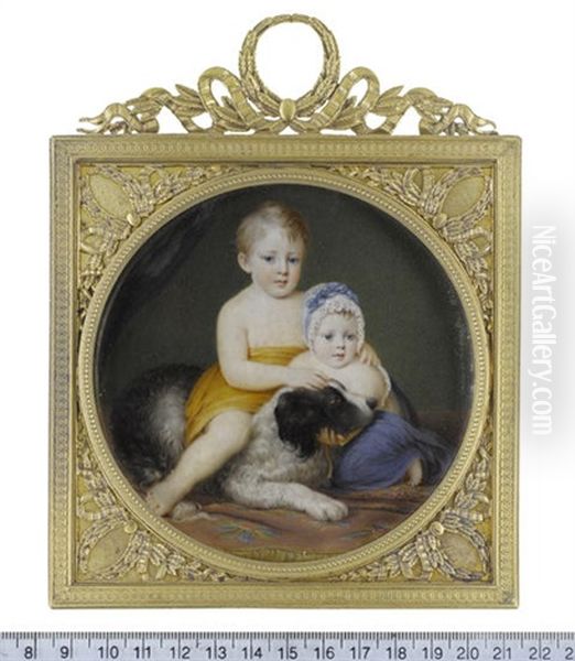 Two Young Boys, Seated On A Carpet Before Dark Blue Drapery With Their St. Bernard: The Elder Boy In Ochre-colored Shawl, Seated On The Dog's Back... Oil Painting by Emilie Lachaud De Loqueyssie