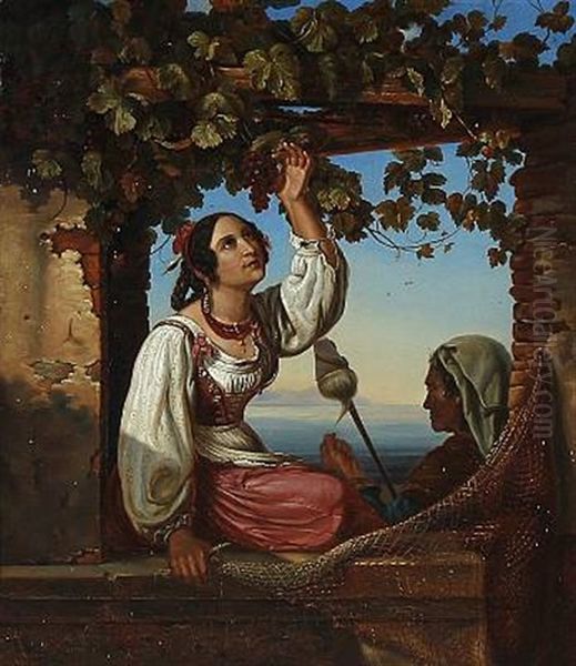 Two Italian Women In A Pergola Oil Painting by Auguste Johan Frederik Carl Lorange