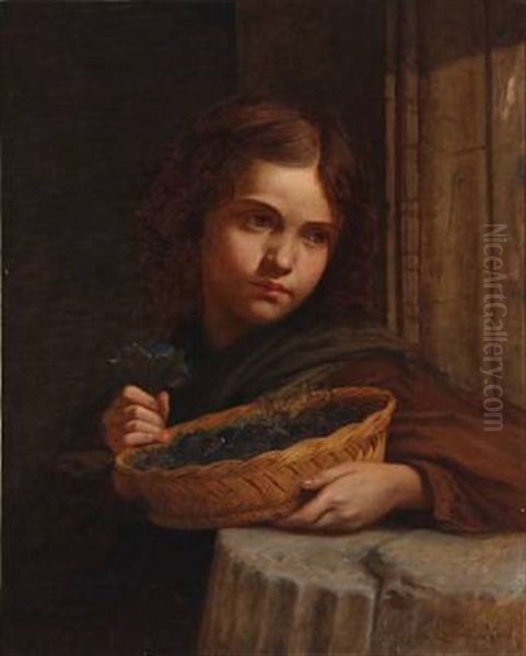 Roman Girl With Flowers In A Basket Oil Painting by Auguste Johan Frederik Carl Lorange