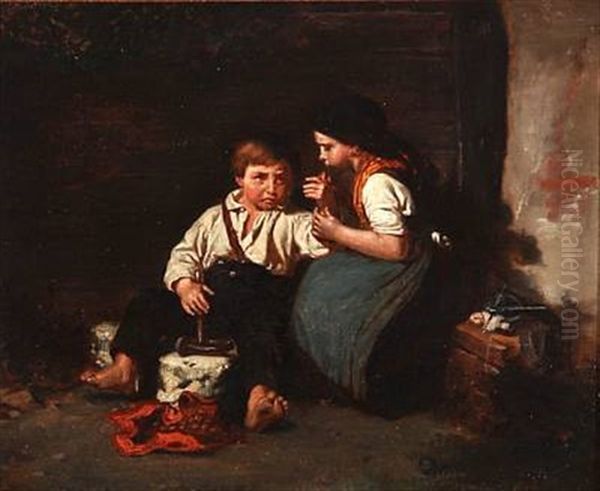 A Boy Has Hit Himself With A Hammer And Is Comforted By A Girl Oil Painting by Auguste Johan Frederik Carl Lorange