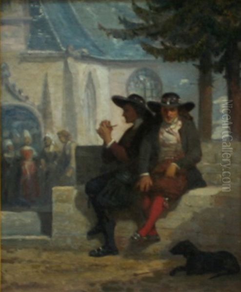 Resting Outside The Church Oil Painting by Auguste Johan Frederik Carl Lorange