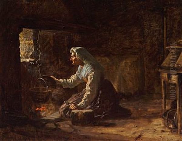 Italian Woman At The Fireplace Oil Painting by Auguste Johan Frederik Carl Lorange