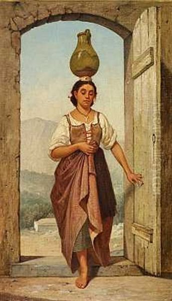 Italienerinde Med Krukke Pa Hovedet Oil Painting by Auguste Johan Frederik Carl Lorange