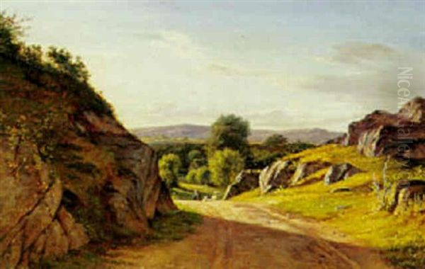 Farehyrde Pa Grusvej Omgivet Af Klipper Oil Painting by Auguste Johan Frederik Carl Lorange