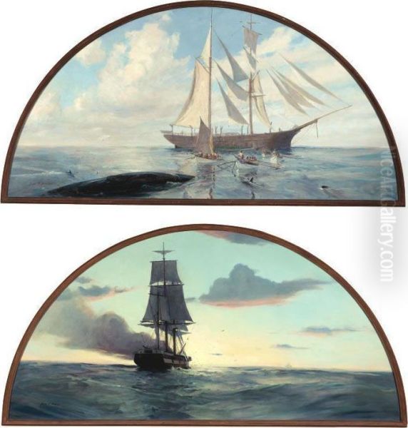 The Whale Hunt: Towing Back And Sailing Home: A Pair Of Paintings Oil Painting by John P. Benson