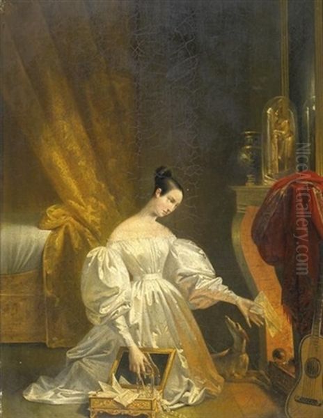 Die Verlorene Liebe. Junge Dame Verbrennt Erinnerungen An Vergangene Romanze Im Kamin Oil Painting by Pierre-Jerome Lordon