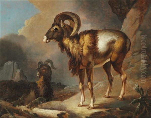 Two Rams On A Rocky Overhang Oil Painting by Christian August Lorentzen