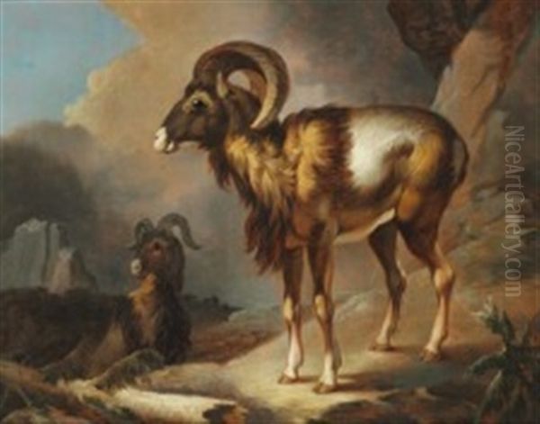 Two Rams On A Rocky Overhang Oil Painting by Christian August Lorentzen