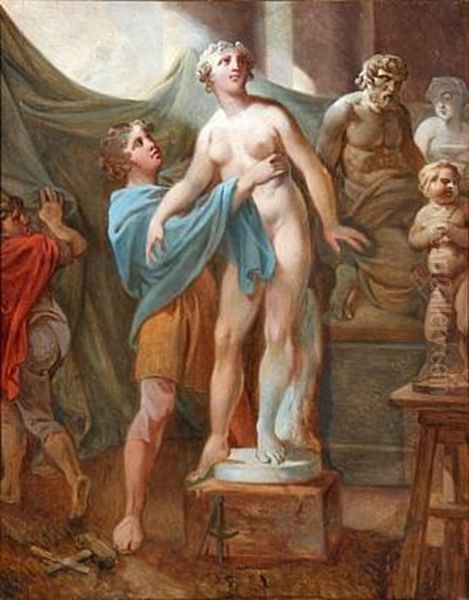 The Cypriot King Pygmalion Is Adoring His Statue Of Venus, Who Is Changing Into A Real Woman Oil Painting by Christian August Lorentzen