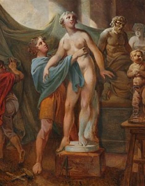 Pygmalion. The Cypriot King Pygmalion Is Adoring His Statue Of Venus, Who Is Changing Into A Real Woman Oil Painting by Christian August Lorentzen