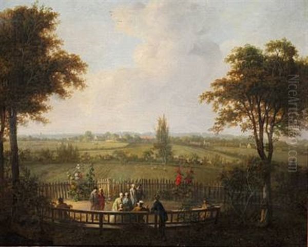 Landscape Near Lyngby North Of Copenhagen (in Front Of Ermelundshuset?), In The Foreground People Seated On A Bench Oil Painting by Christian August Lorentzen