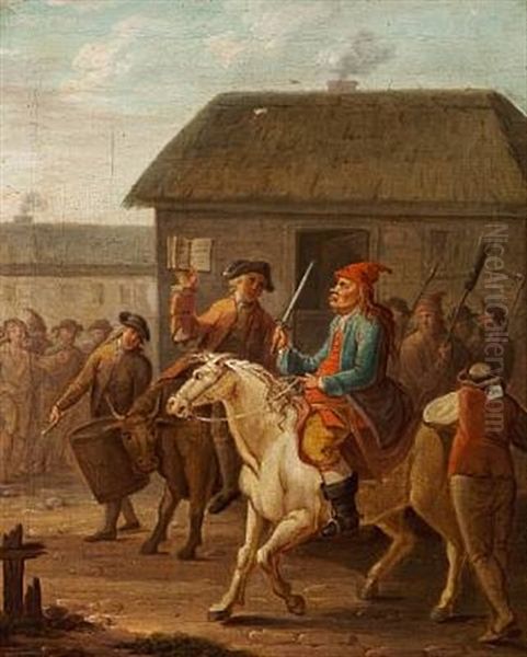 Riders And Curious Onlookers In A Village (a Scene From A Ludvig Holberg Comedy- Jeppe Pa Bjerget?) Oil Painting by Christian August Lorentzen