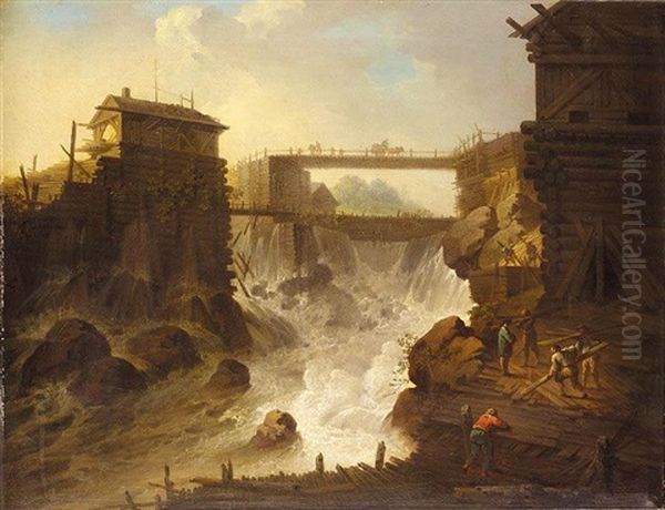 Silke Saugen : Aupres De La Chute De Honefossen, Norvege (the Silke Saugen Sawmill By The Honefossen Falls, Norway) Oil Painting by Christian August Lorentzen