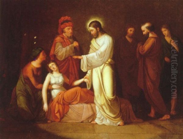 Jesus Opvaekker Jairus' Datter Oil Painting by Christian August Lorentzen