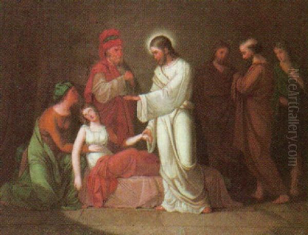 Christ Raising The Daughter Of Jairus Oil Painting by Christian August Lorentzen