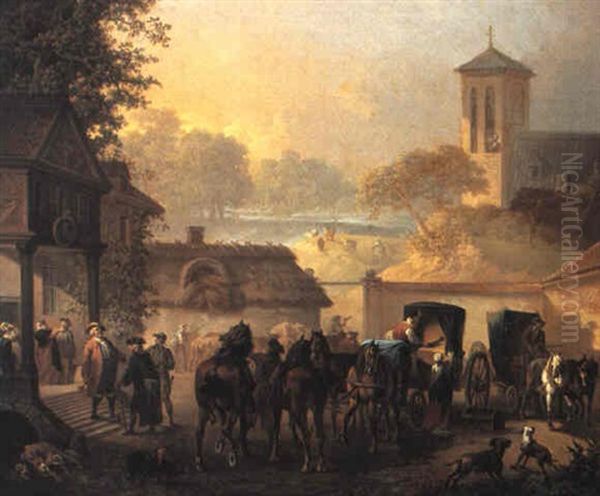 Fornemme Folk Modtages Foran Et Hus Oil Painting by Christian August Lorentzen