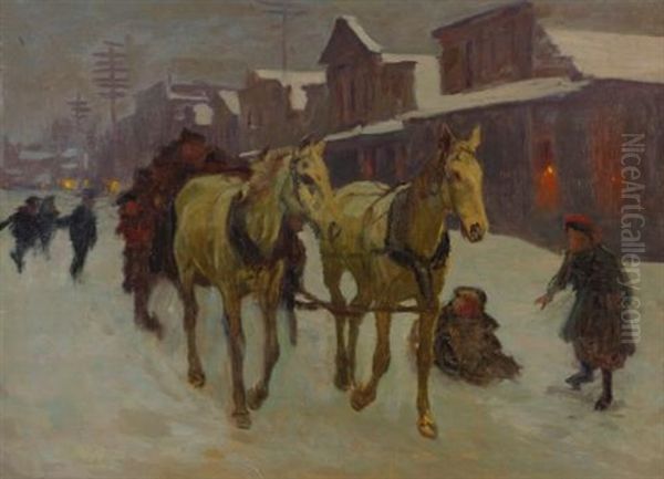 Passing Through Town On A Cold Winter's Night Oil Painting by Richard Lorenz