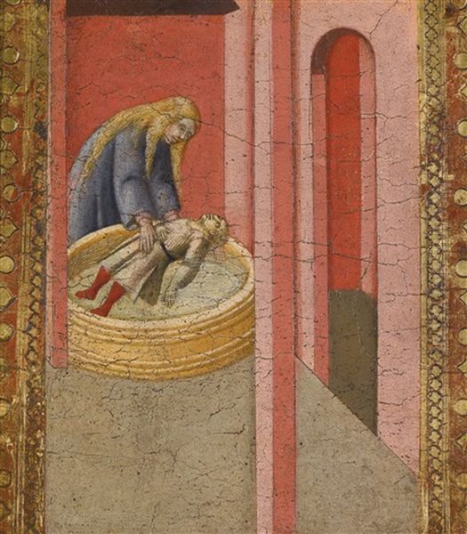 Saint Elizabeth Of Hungary Reviving To Life A Child Drowned In A Well Oil Painting by Pietro Lorenzetti