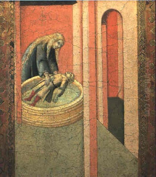 Saint Elizabeth Of Hungary Reviving To Life A Child Drowned In A Well Oil Painting by Pietro Lorenzetti