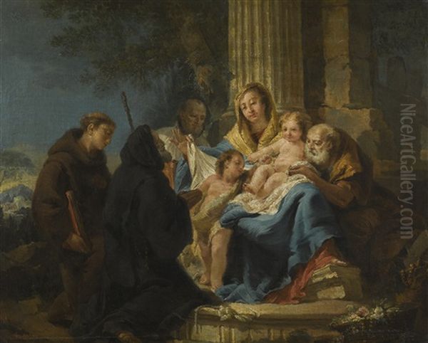 The Holy Family With Saint Francesco Di Paola And A Franciscan Saint Oil Painting by Francesco Lorenzi