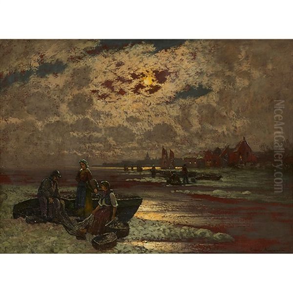 Figures On A Moonlit Shore Oil Painting by Ernst Hugo Lorenz-Morovana