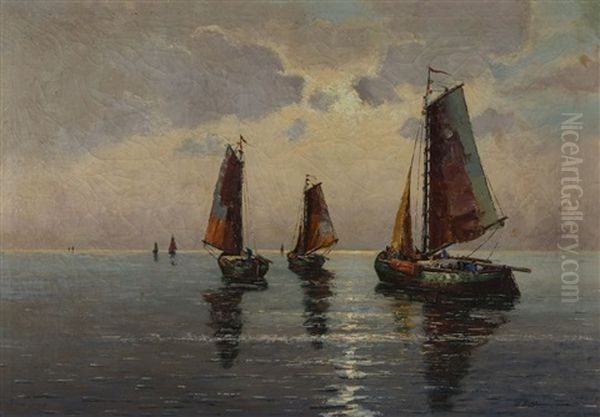 Fishing Boats At Sea Oil Painting by Ernst Hugo Lorenz-Morovana