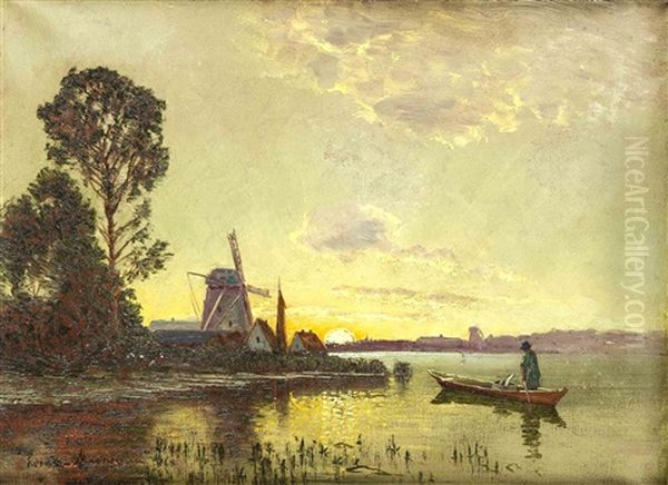 Fischer Am Ufer Vor Windmuhle U. Untergehender Sonne Oil Painting by Ernst Hugo Lorenz-Morovana